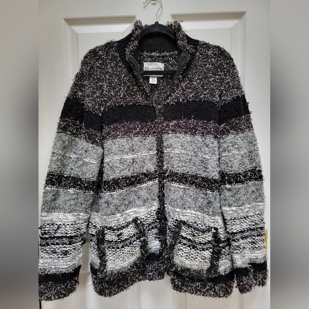 Chicos Colorblock Full Zip Mock Neck Fuzzy Shag Sweater Size 3/Large